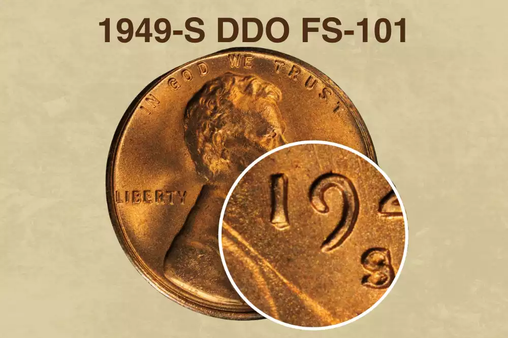 1949-S doubled die obverse FS-101 close-up showing doubled date and IN GOD WE TRUST motto