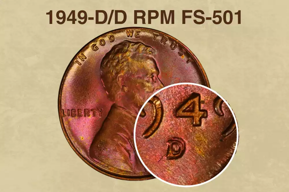 1949-D repunched mint mark FS-501 close-up showing primary D mint mark with secondary shifted impression