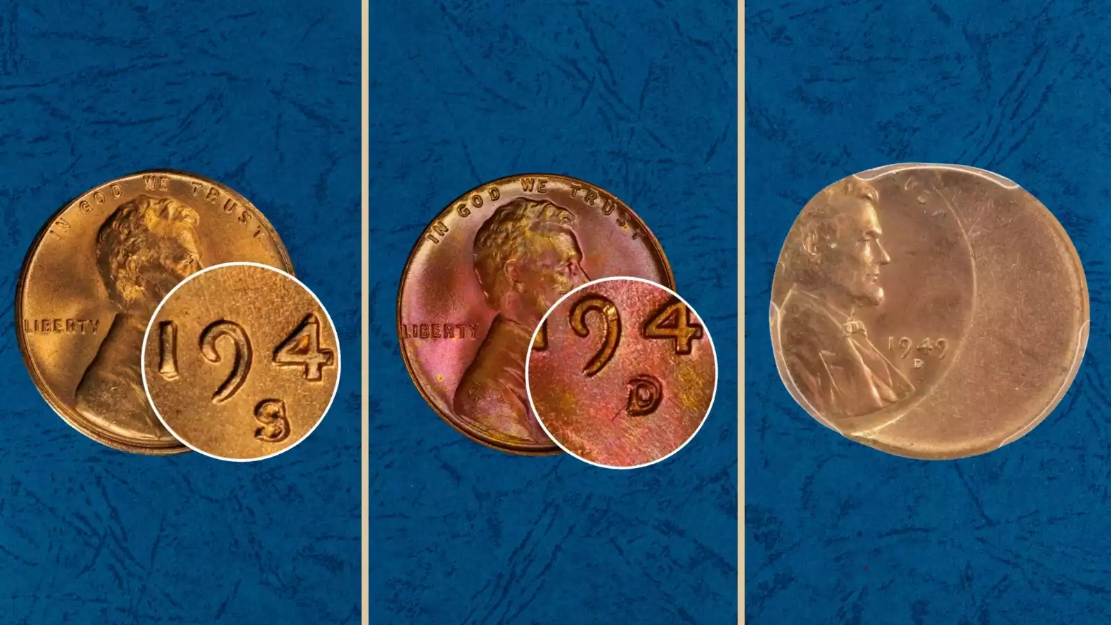 1949 wheat penny grading strip showing four condition tiers from heavily worn Good to gem red uncirculated MS66